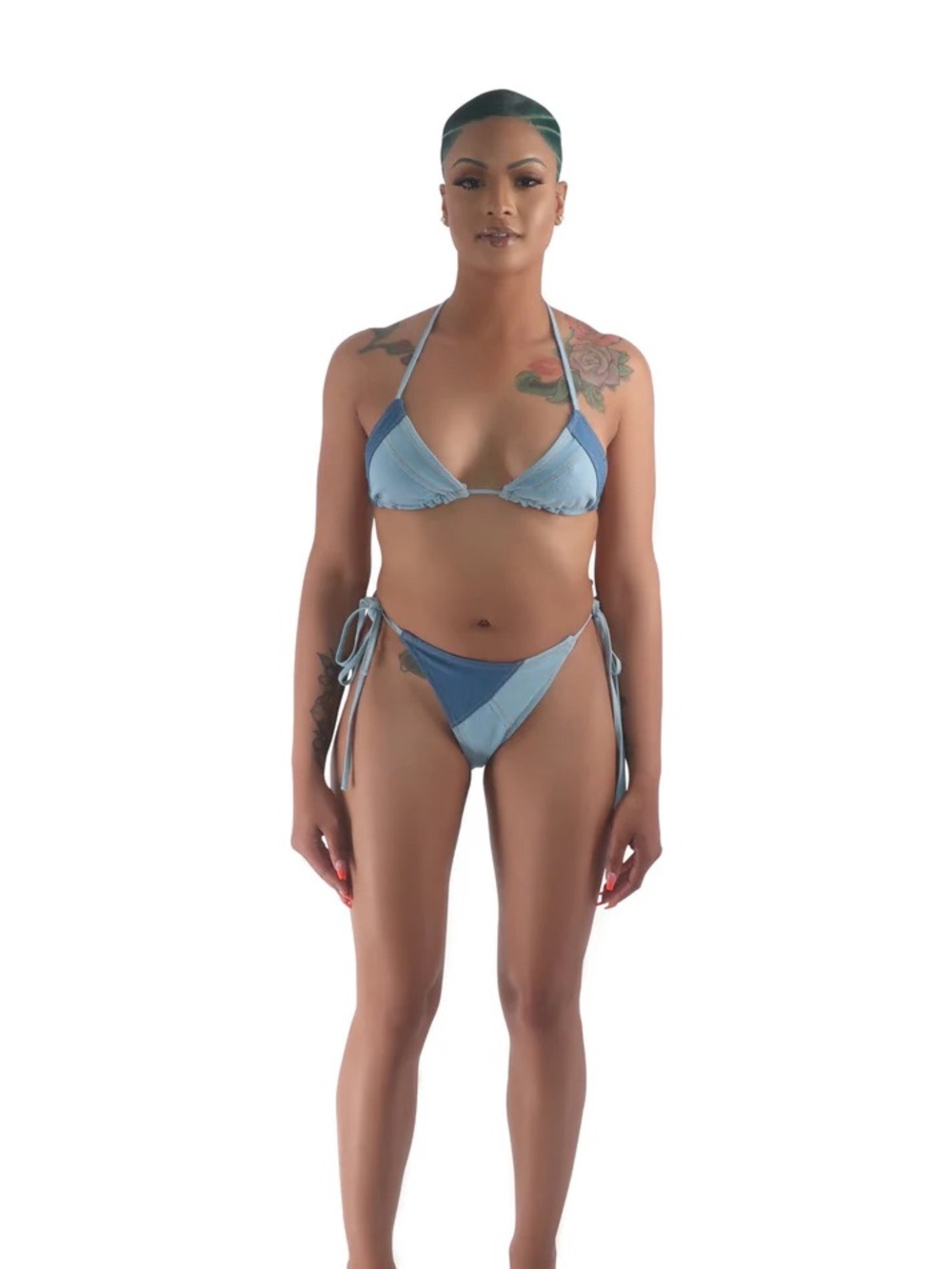 Light Blue Two-Tone Denim Triangle Bikini Set - Women Swim